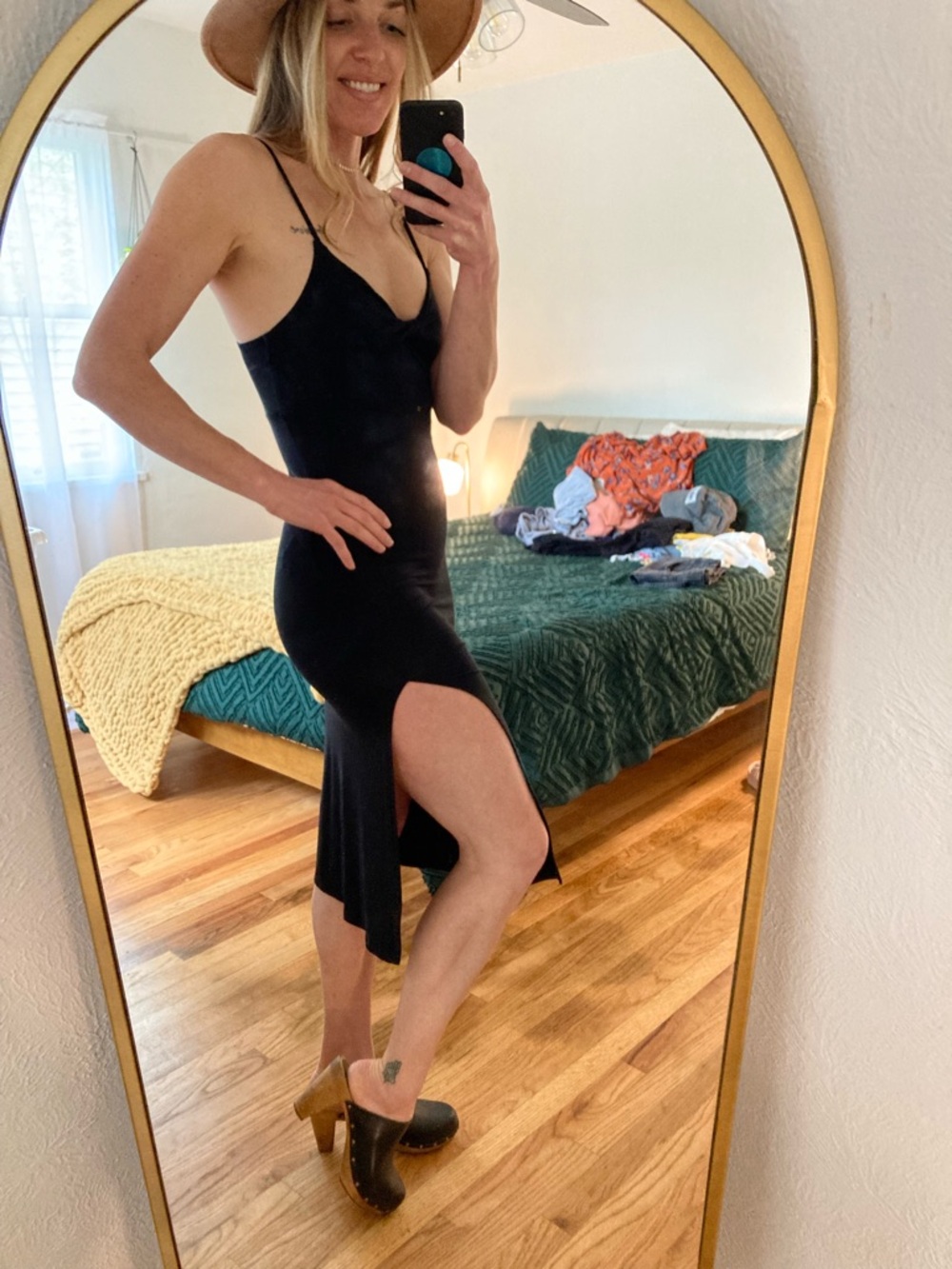 Forever 21 Black V-Neck Spaghetti Strap Midi Dress with Side Slit